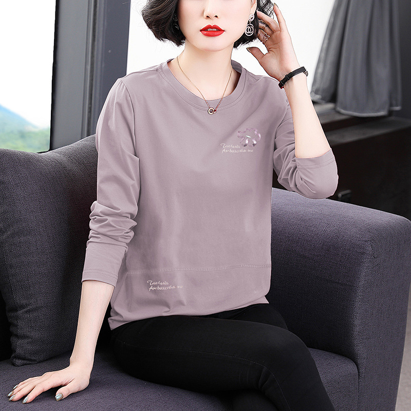 Simple Pullover Top for Middle-Aged Women, Mom-Style, Figure-Flattering Blouse, 2026 Spring and Autumn New Round-Neck Long-Sleeve T-Shirt for Women