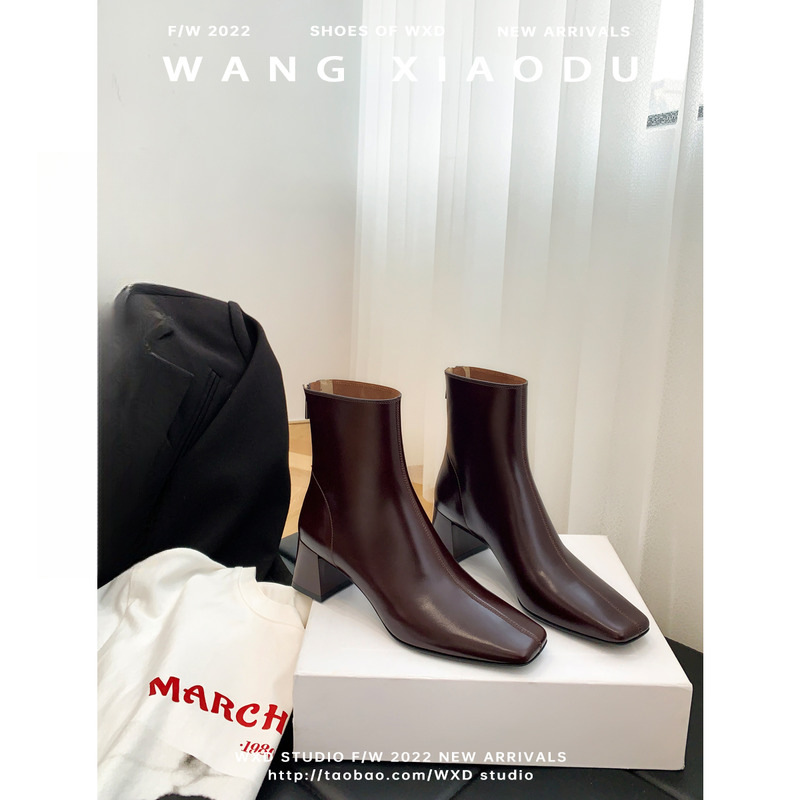[Wang Xiaodu] Paris warm sun ● square toe French style thick high heel elastic thin boots women's short boots new leather socks boots