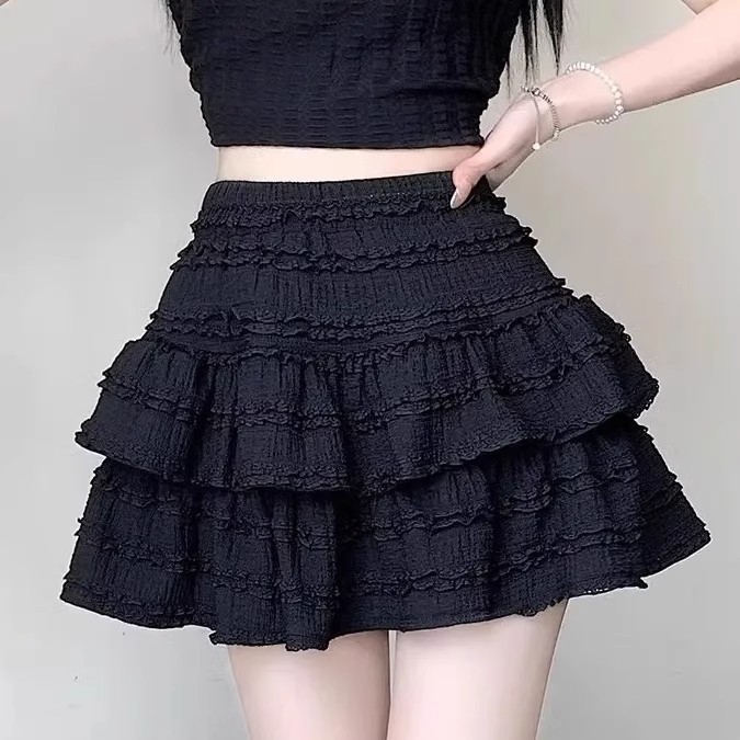 松紧腰蛋糕裙蓬蓬裙2025夏季新款裙子短裙少女半身裙芭蕾丝防走光|undefined