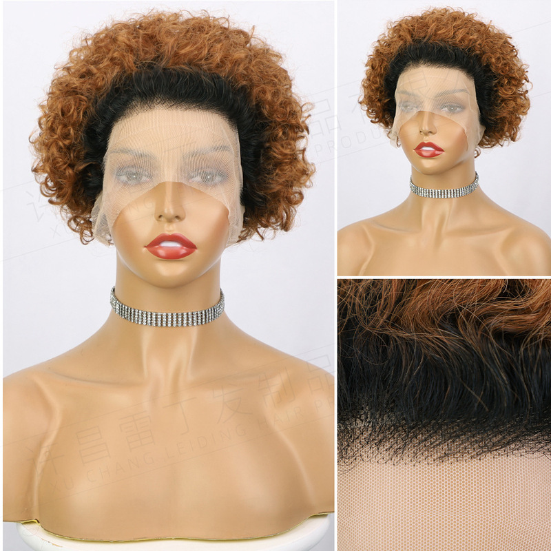 European and American Wigs Human Hair 13X1 Lace Pixie African Curly Headgear Human Hair Pixie Wigs