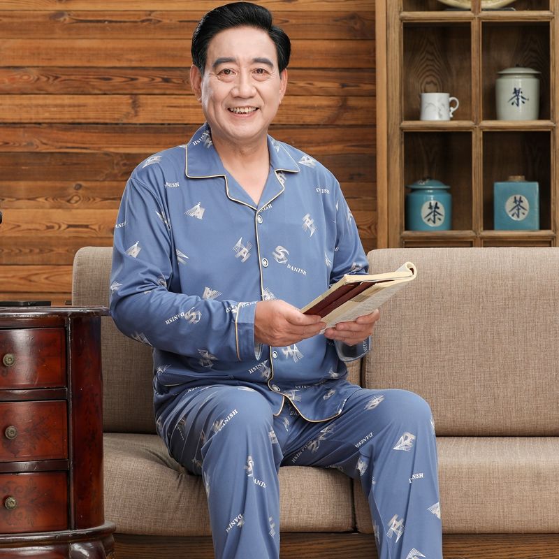 Pijamas de mediana edad y ancianos hombres 100% algodón primavera y otoño manga larga otoño e invierno más tamaño viejo papá traje de uso doméstico