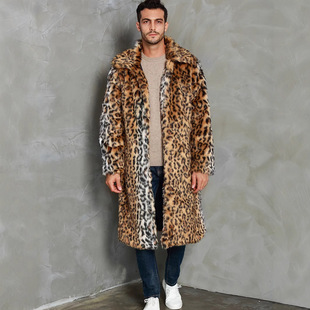 F0880 Cross-border Explosions Men's Faux Fox Fur Warm Cold-proof Coat Leopard Print Coat European and American Contrast Coat