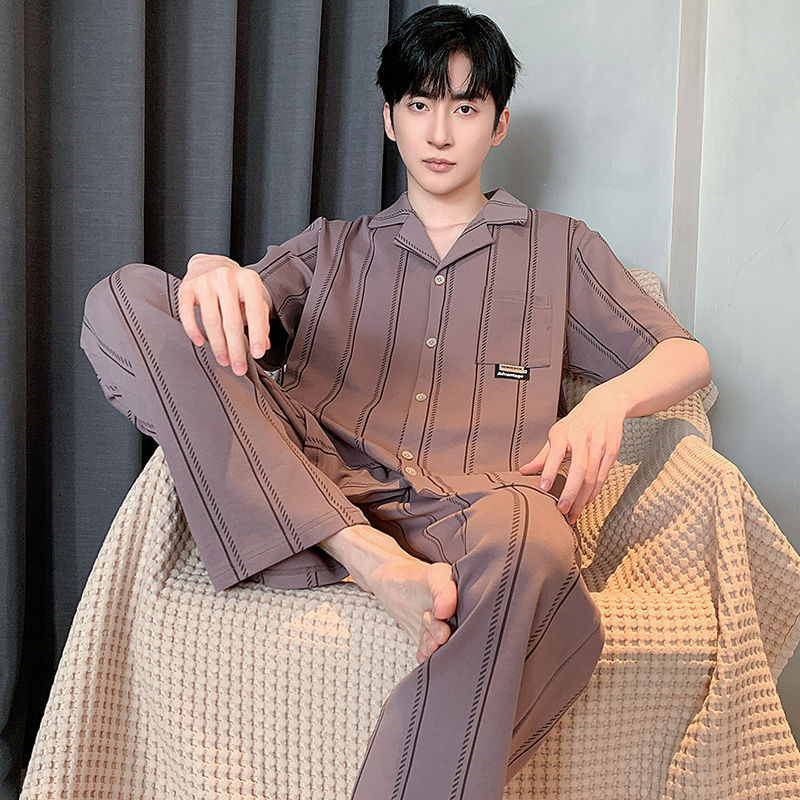 Pajamas de algodón para hombres coreanos, pantalones largos de mangas cortas de verano, ropa delgada para hombres, set de ropa exterior