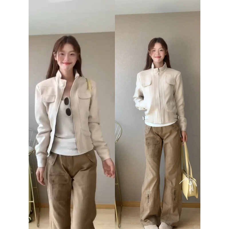秋季美式正肩夹克短款麂皮外套女款秋2025新款小个子韩系早秋穿搭|undefined