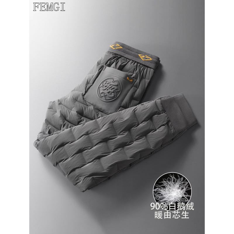 Factory wholesale down pants, white goose down embroidered men's pants, gray autumn and winter stylish warm trendy men's casual pants
