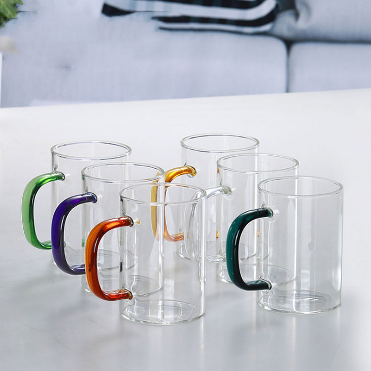 Taza de vidrio de alto borosilicato con mango, taza de vidrio de agua, taza de té de seis colores
