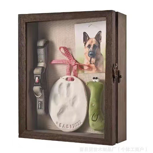 Wooden Pet Photo Frame Toy Collar Storage Box with Ink Pad Pet Memorial Urn Pet Growth Photo Frame