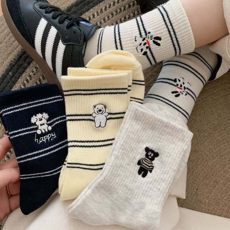 Zhuji Socks Women's Mid-tube Socks Spring and Autumn Winter Ins Trendy Bear Dog Striped Women's Socks Black and White All-match Casual Trendy