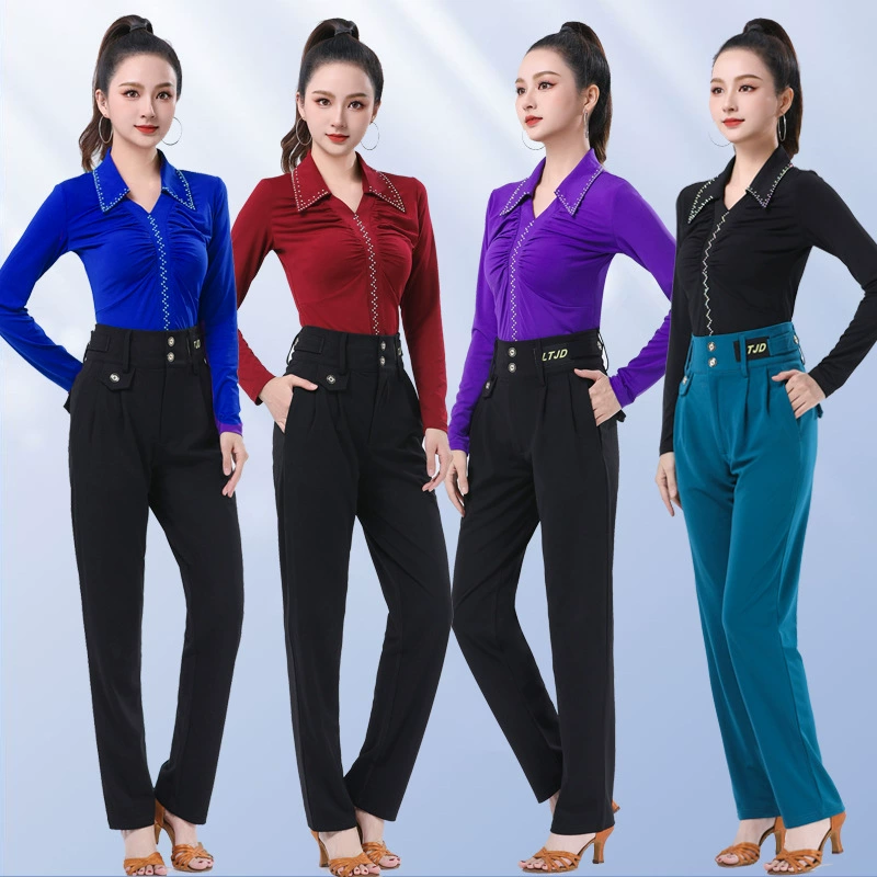 Весенний новый мануальный танец Jet Ba Water Бальный танец с бриллиантами и лацканами с длинными рукавами современный танцевальный топ