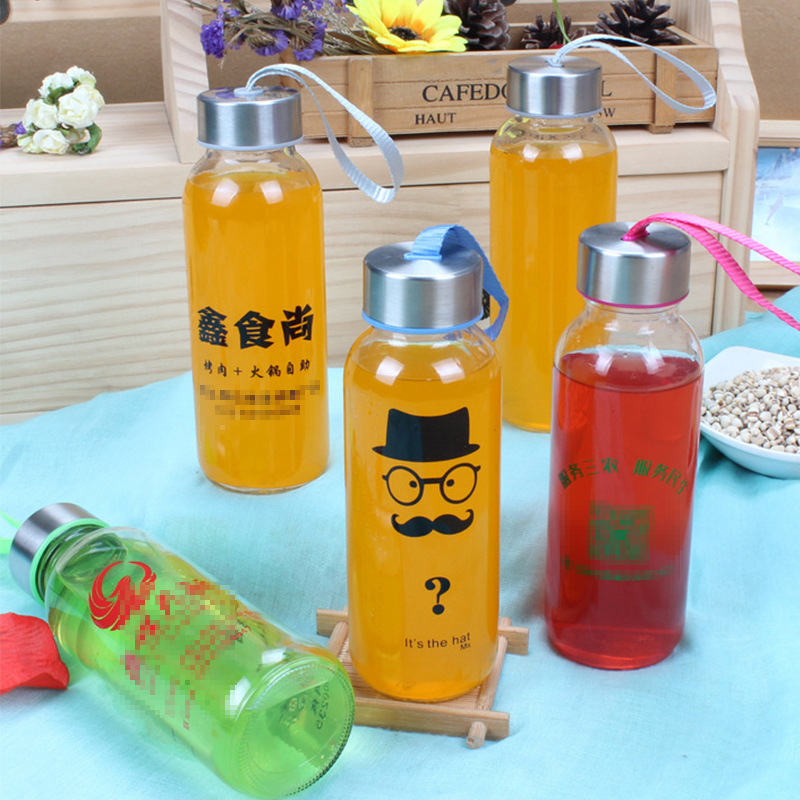 DIY Advertising Glass Water Cup Transparent Glass Tumbler with Carrying Strap Sandblasted Glass Cup Silk-screen Printed Water Cup Logo Printing