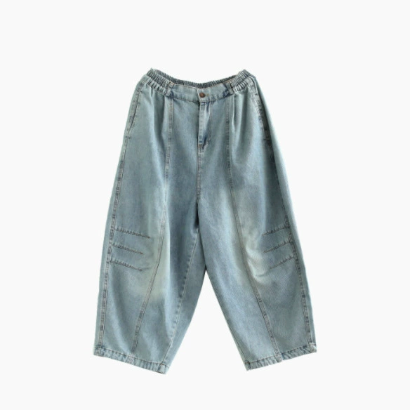 Autumn retro jeans, solid color trousers, loose fit, elastic waist