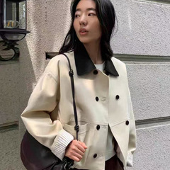 2025年秋款外套女撞色领长袖夹克风衣外套宽松休闲韩版学院风外套