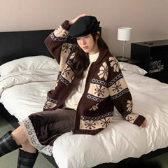 FURE韩国代购东大门2025秋冬季费尔岛复古休闲提花翻领拉链毛衣女