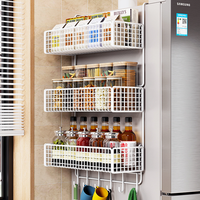 Estante de almacenamiento de refrigerador colgante lateral multifuncional toallas de cocina bolsa de película conservante condimento estante de almacenamiento para suministros domésticos