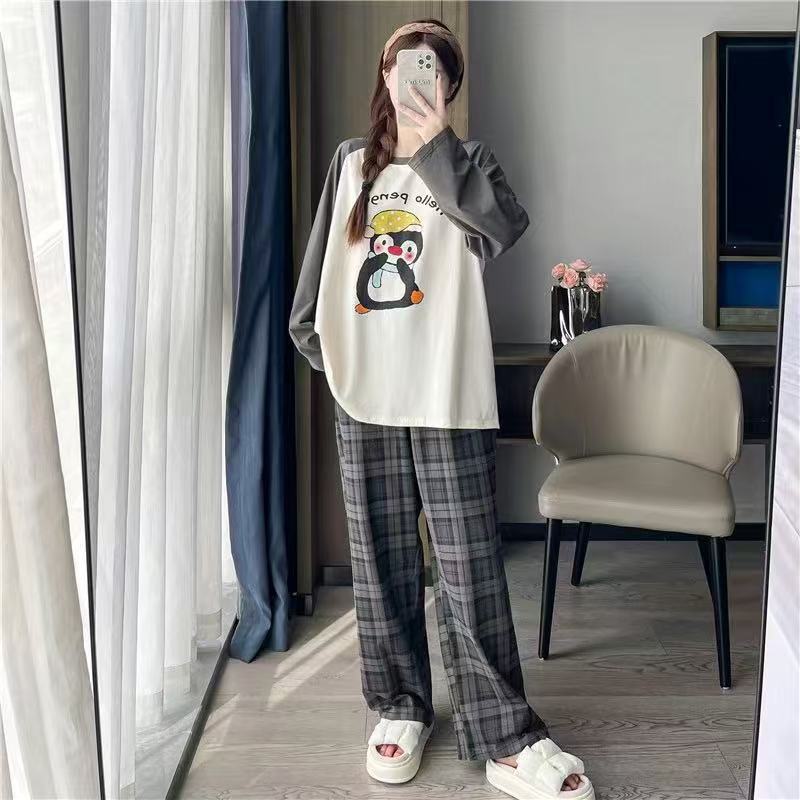 Foreign Trade Cross-Border New Korean Version Cartoon Long-Sleeved Trousers Pajamas for Women Round Neck Casual Cute Girl Student Home Clothes