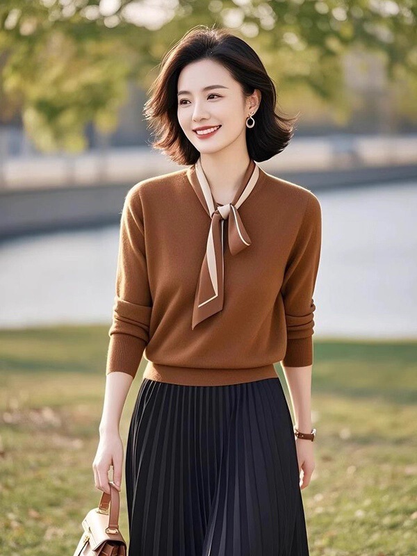 咖色系带蝴蝶结修身针织衫女夏季2025新款欧货高级感内搭长袖上衣|undefined