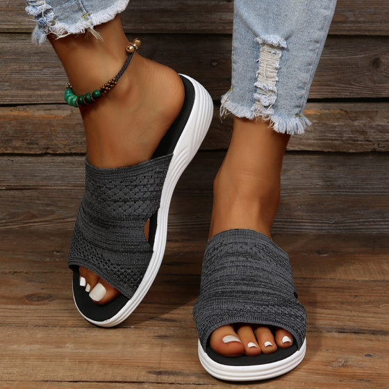 Cross-border Foreign Trade Large Size Slippers Women's 2022 Summer New Flat Bottom Fish Mouth Mesh Breathable Women's Outer Wear Slippers