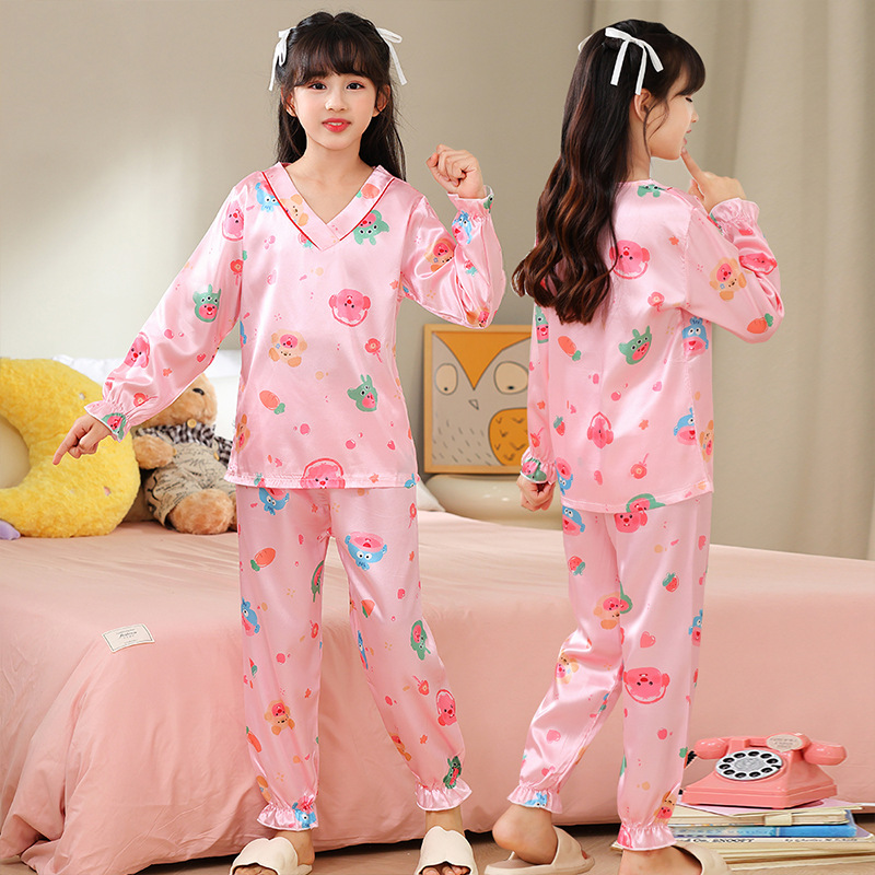 Pijama de niñas verano delgado hielo de manga larga cuello en V2024 nuevo conjunto de ropa para niños primavera y otoño