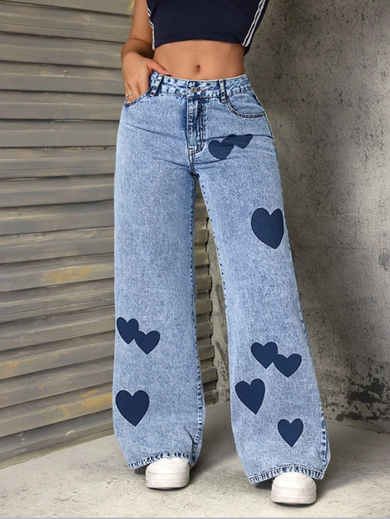 Women's Clothing Retro Women's Denim Trousers Heart Print Loose Fit European American Style For Formal & Casual_ecoleips.com