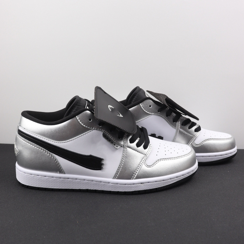 Putian pure original AJ1 basketball shoes, men's striped tie trendy sneakers, silver-black flip-top sports shoes, couple's sneakers Putian pure original AJ1 basketball shoes, men's striped tie trendy sneakers, silver-black flip-top sports shoes, couple's sneakers