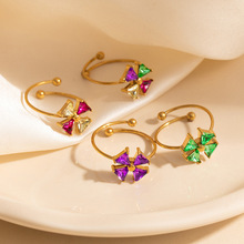 跨境新款彩色风车锆石钛钢戒指女时尚简约小众几何指环不锈钢饰品