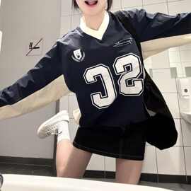 潮球衣风运动卫衣t恤女美式撞色上衣v领休闲拼接复古宽松春季长袖