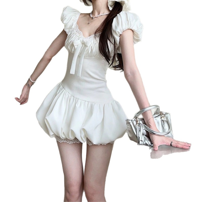 百搭甜美风蝴蝶结白色蓬蓬连衣裙女 夏季蕾丝边气质A字裙短裙批发|undefined