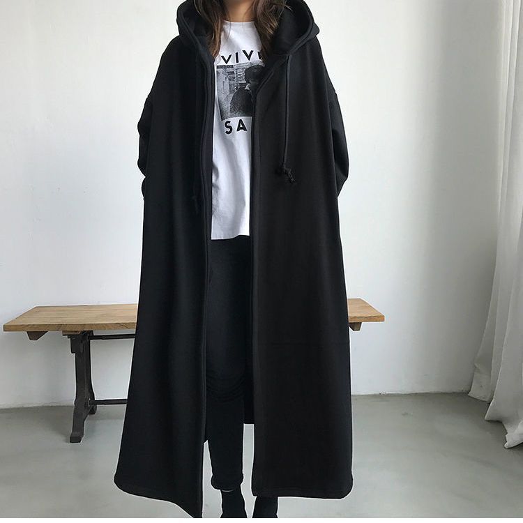 秋冬季新款2-300斤胖MM开衫连帽风衣女宽松加绒过膝连衣裙外套潮|undefined