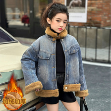 女童冬款加绒牛仔外套2024新款洋气儿童中大童加厚上衣外套批发潮