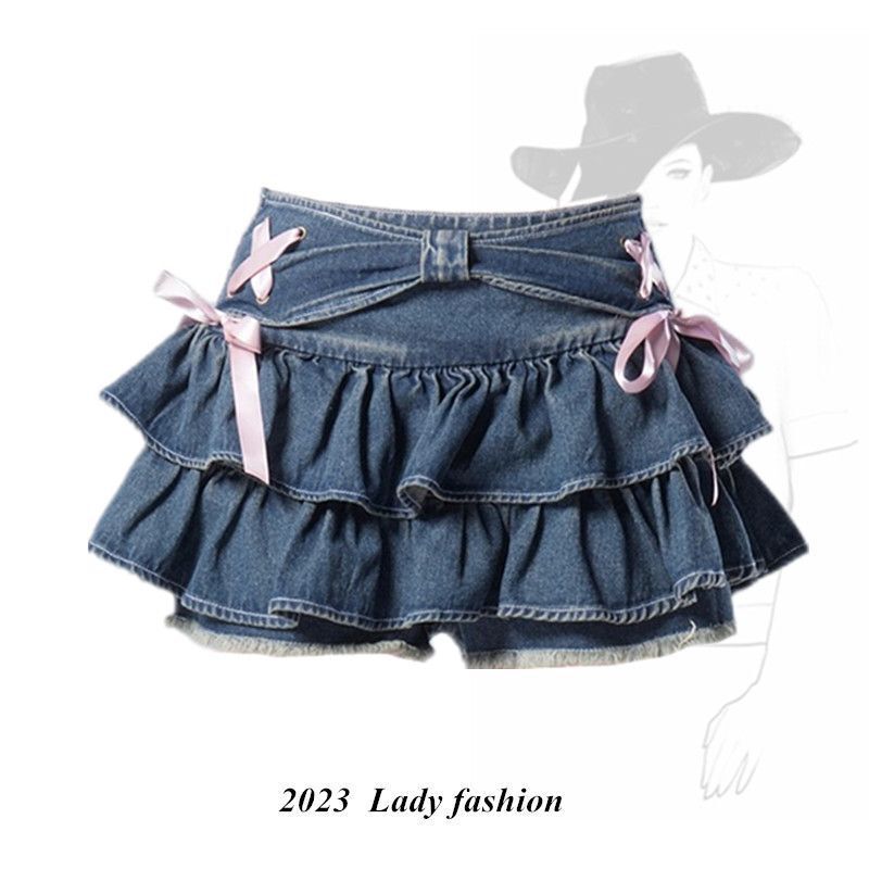 Spring and Autumn New Korean Style Blue Denim Pleated Skirt Spice Girl A- Line Slimming Short Skirt Design Sense Skirt for Women