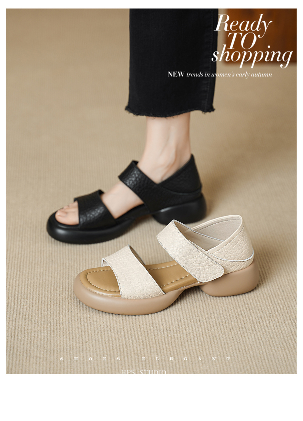 Sandal nữ hở mũi gót vuông 4 cm quai ngang đế dày chất liệu da dê — đen chi tiết 2