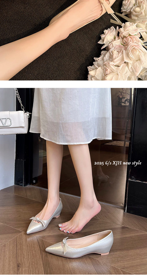 Giày cao gót nữ mũi nhọn gót thấp có nơ, đế độn cao bên trong, miệng nông, chất liệu mềm — Màu mơ, Màu trắng be, Màu vàng nhạt chi tiết 12