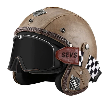 Safety Helmet – Motorcycle Safety Supplies - 555-leather-helmet-light-brown-large-frame-goggles-black-mirror-s