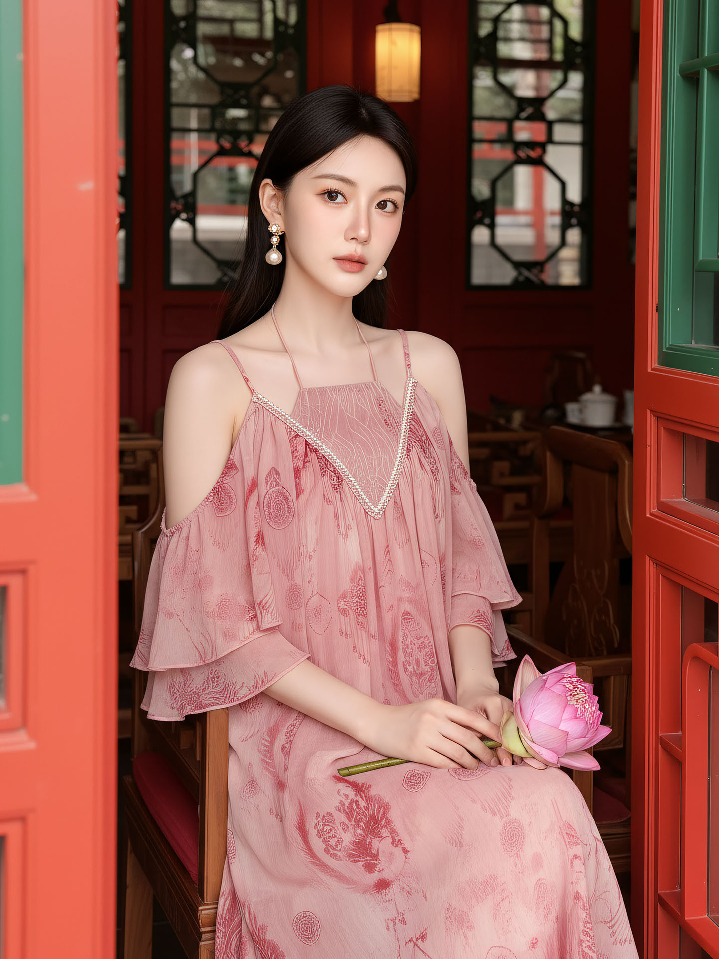 Đầm maxi nữ thắt eo ren cổ yếm phong cách Tây Mễ Á — Bột Lệ, Thuốc lá xanh