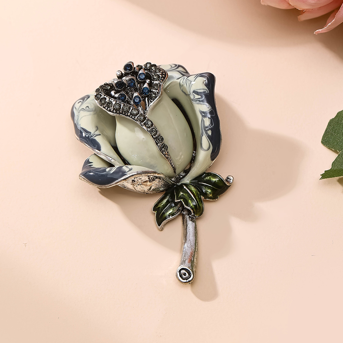 Hand-Painted Enamel Rose Brooch with Diamonds, Floral Dress Brooch, High-End Exquisite Vintage Pin, Rose Brooch