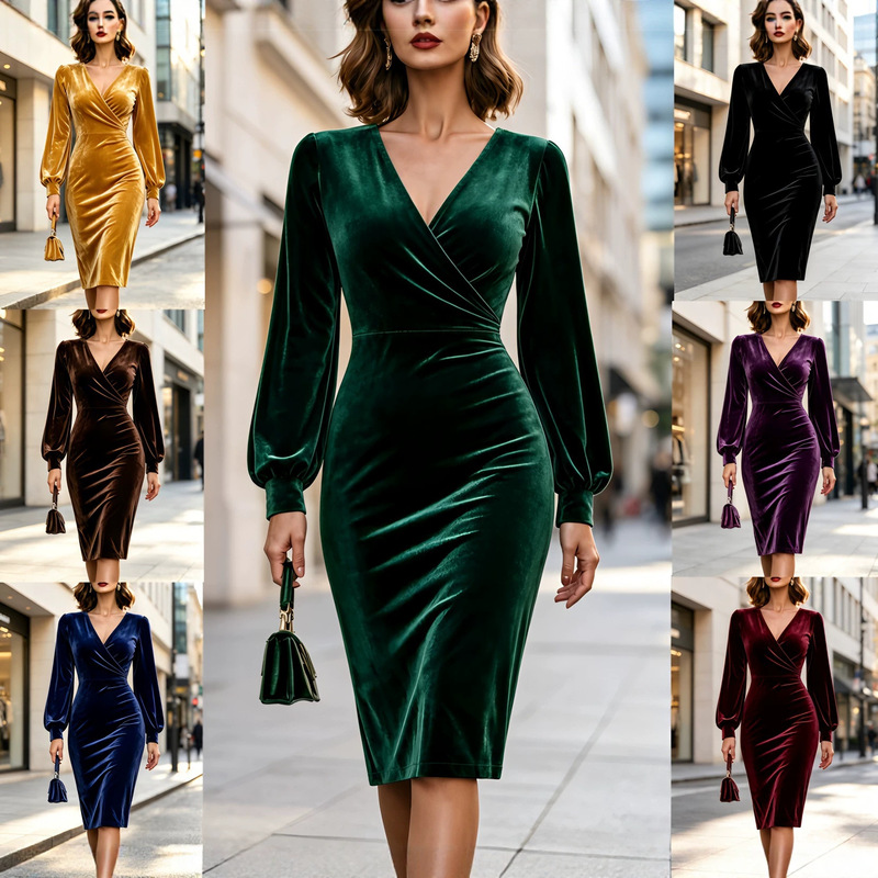 2026 Autumn/Winter European and American cross-border velvet V-neck wrap-style lantern-sleeve long-sleeved fitted midi dress for women 2026 Autumn/Winter European and American cross-border velvet V-neck wrap-style lantern-sleeve long-sleeved fitted midi dress for women