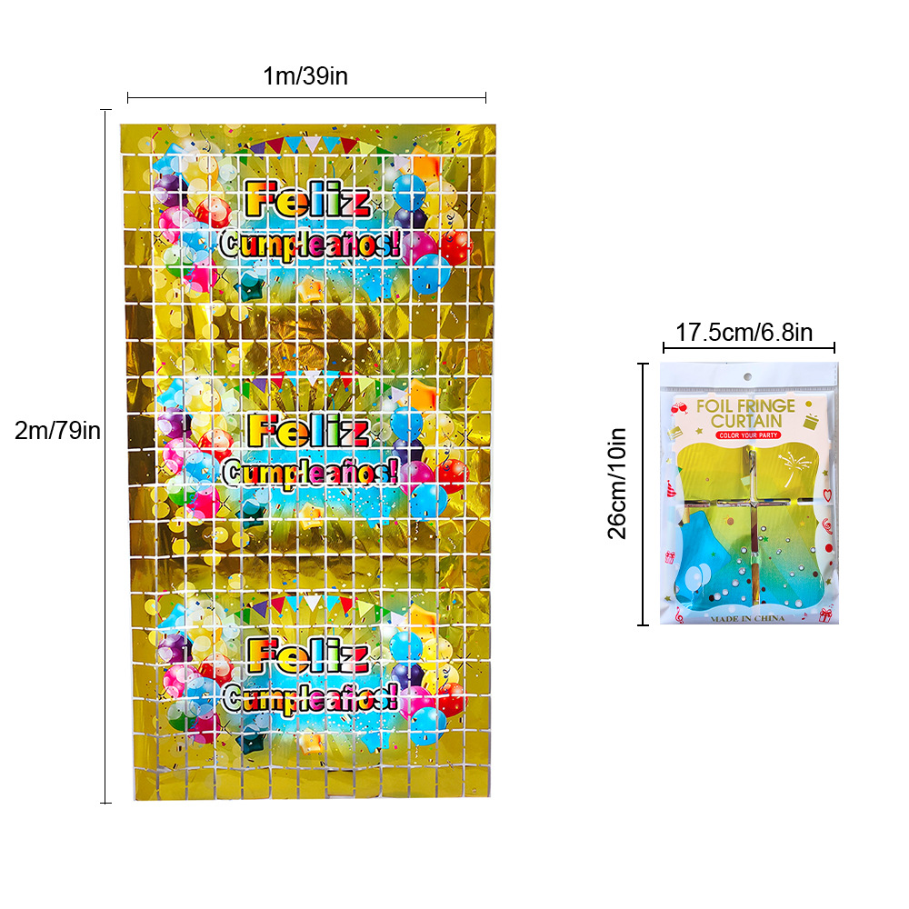 Cross-border party decoration rain silk curtain gold tassel birthday party supplies Spanish birthday happy square rain silk curtain