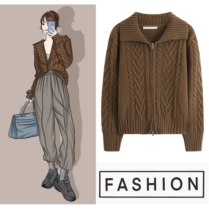 공장 맞춤형 폭발 그레이 지퍼 트위스트 레트로 재킷 여성용 게으른 올매치 느슨한 긴팔 니트 스웨터