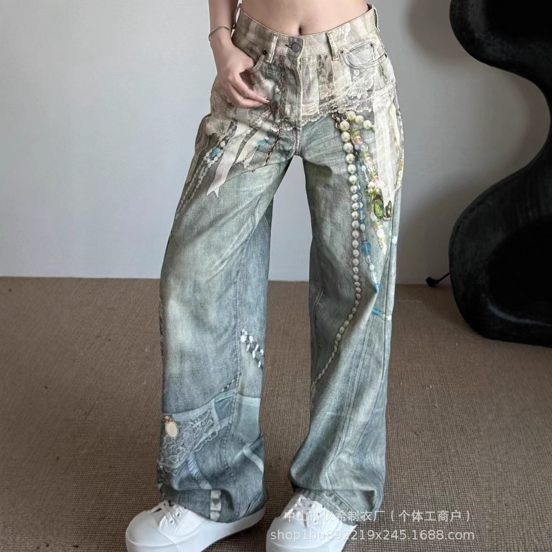 南油高端女装2025SS早秋AC新款3D打印立体珍珠链条直筒宽松牛仔裤