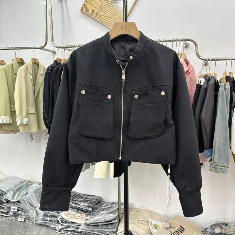 Women's Trendy New Design Jacket with Large Pockets, Stylish Stand Collar, Short Workwear Jacket Top