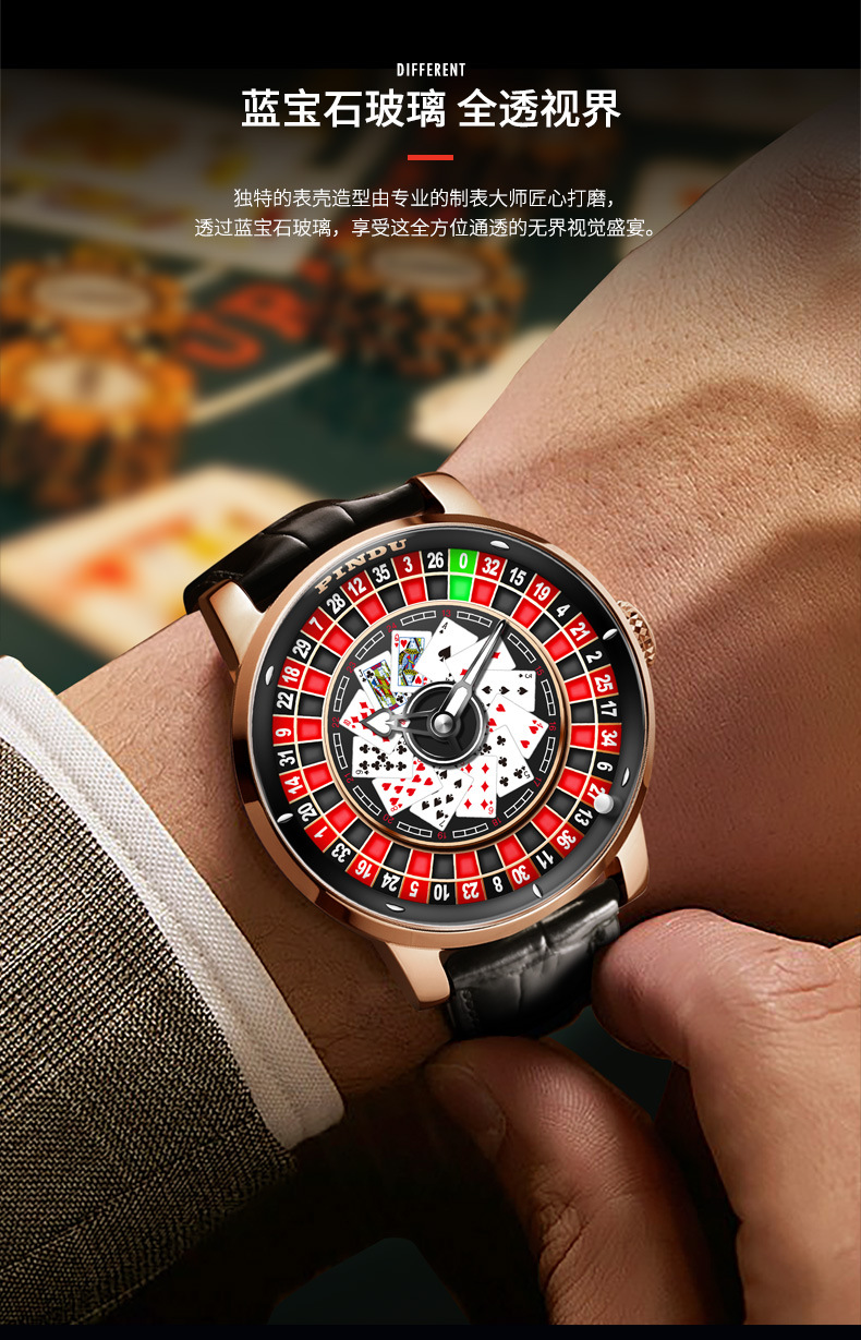 Đồng hồ nam automatic lộ máy mặt số trò chơi roulette — Thẻ đỏ da đen, Hồng nhãn đỏ da xanh, Hồng đỏ thẻ xanh da, Hồng da đỏ vành đai lưới chi tiết 6