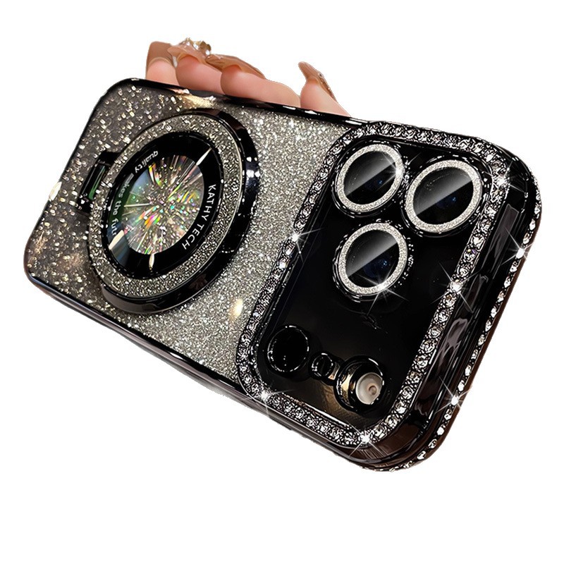 Soporte de succión magnética para iPhone17 caja de teléfono con brillo degradado 16Pro diamante de imitación galvanoplastia 13 funda protectora diamante