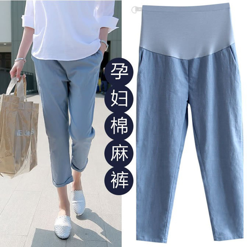 Small Maternity Pants for Spring and Summer Outer Wear Nine-Point Pants Summer Thin Fashion Loose Casual Leggings Cotton and Linen Pants