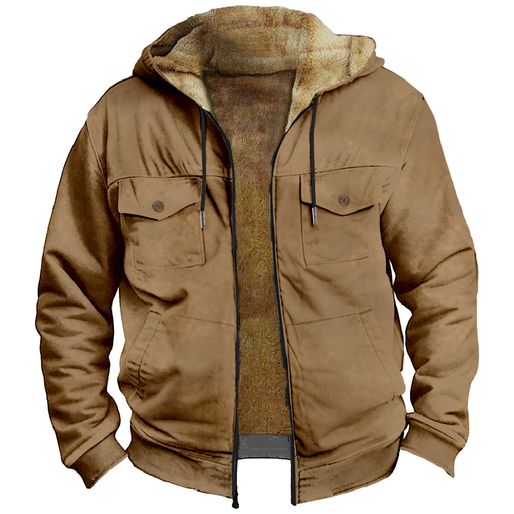 2023 transfronteriza europea y americana patrón de color sólido impresión 3D Impresión digital suéter con capucha forro marrón bolsillo algodón