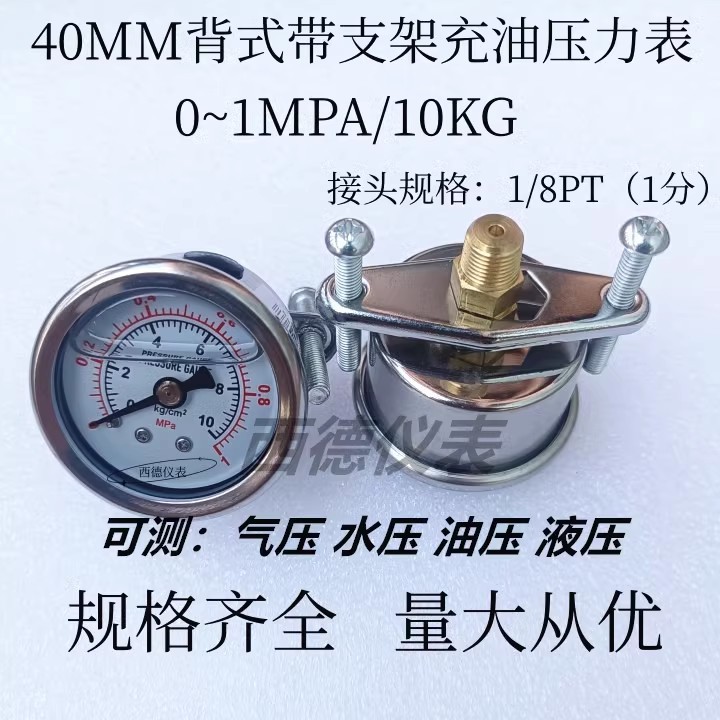 不锈钢表壳40MM轴向带支架（面板式）0－1MPA/10KG充油耐震压力表