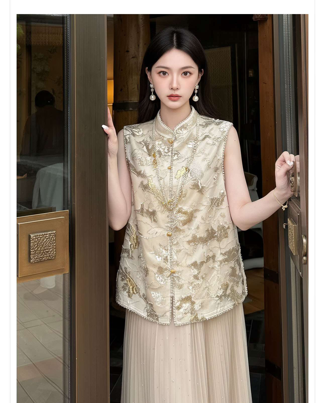 Áo gile hai dây nữ phong cách tân cổ điển cổ đứng thiết kế cao cấp — Vàng hồng chi tiết 8