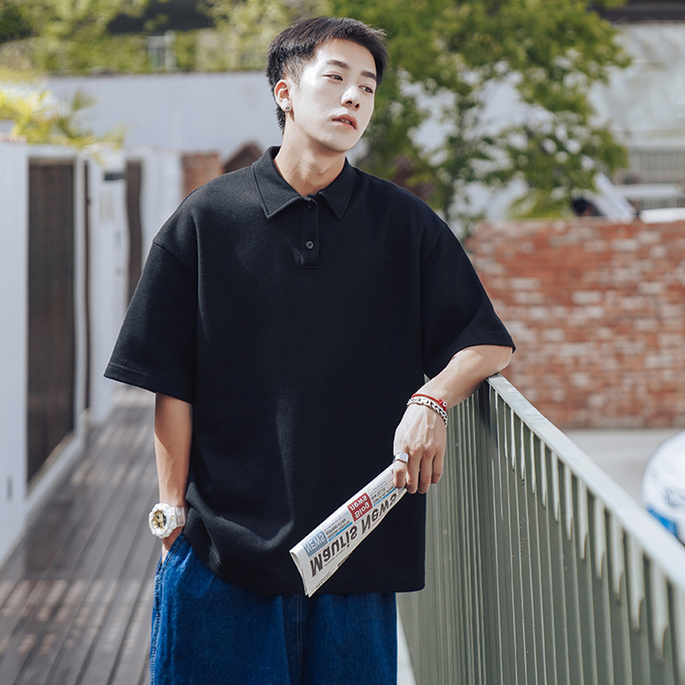 Camisa de polo de verano de los Hombres estilo de Hong Kong suelta solapa de color sólido Camiseta de manga corta simple camisa de manga corta juvenil de todo fósforo moda