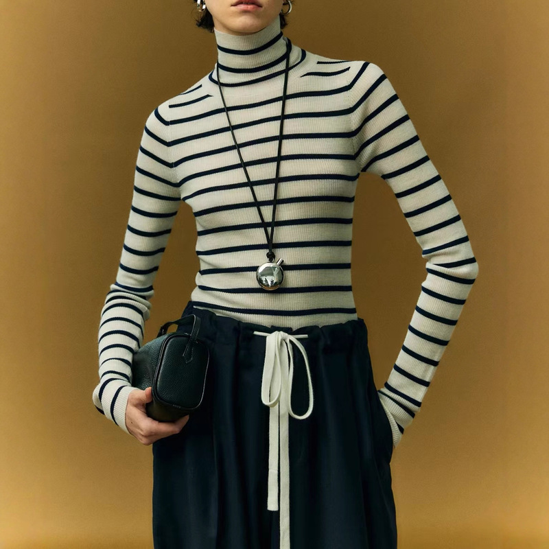 German Biella120S Washable Wool Fashionable Contrast Stripesd Turtleneck Knitted Bottoming Shirt