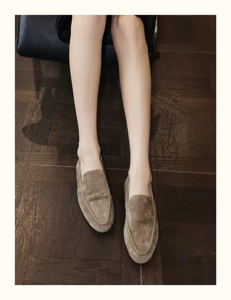 Giày lười nữ da lộn mũi tròn phối sọc, gót thấp 1–3 cm, kiểu cổ điển dễ phối đồ — Bột yến mạch kaki, Xanh lá cây nhạtcolor, Màu sắc chi tiết 6