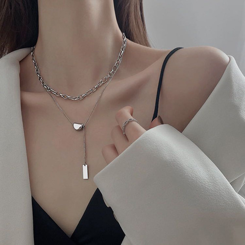 Love Bean Double-layer Titanium Steel Necklace Women's Simple Ins Lucky Bean Double-layer Stacked Clavicle Chain Necklaces Jewelry Accessories